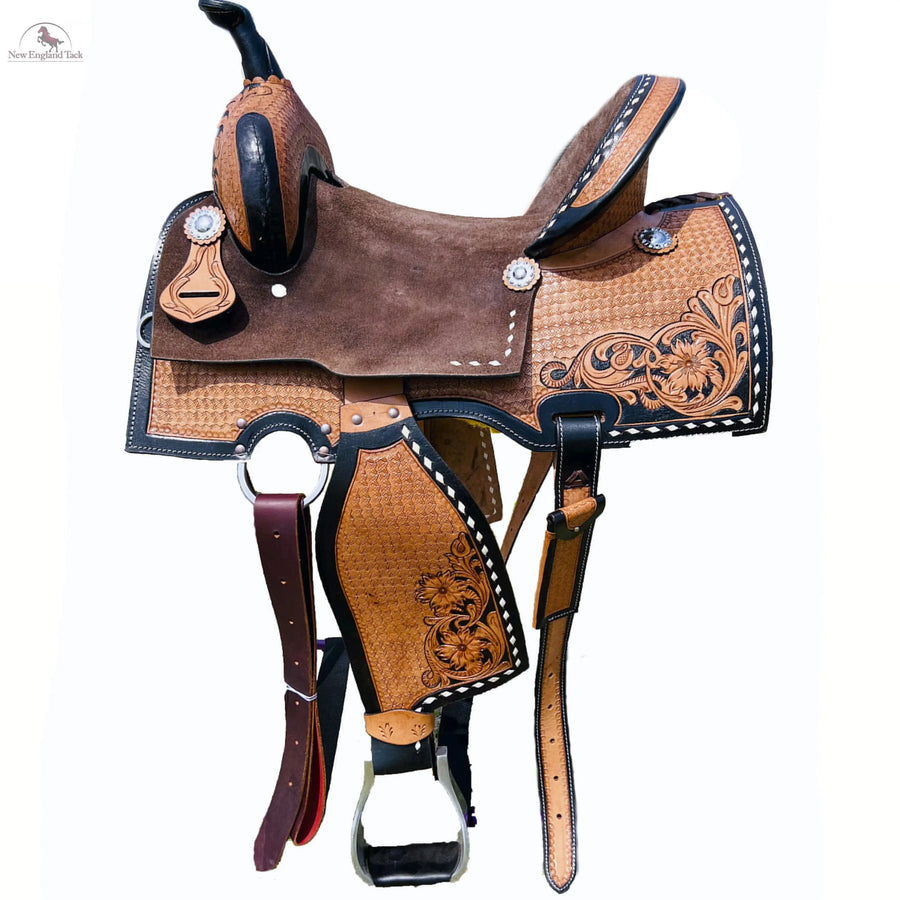 100% Roughout Leather Western Barrel Horse Saddle with Suede Seat, Floral & Basket weave Tooling NewEngland Tack