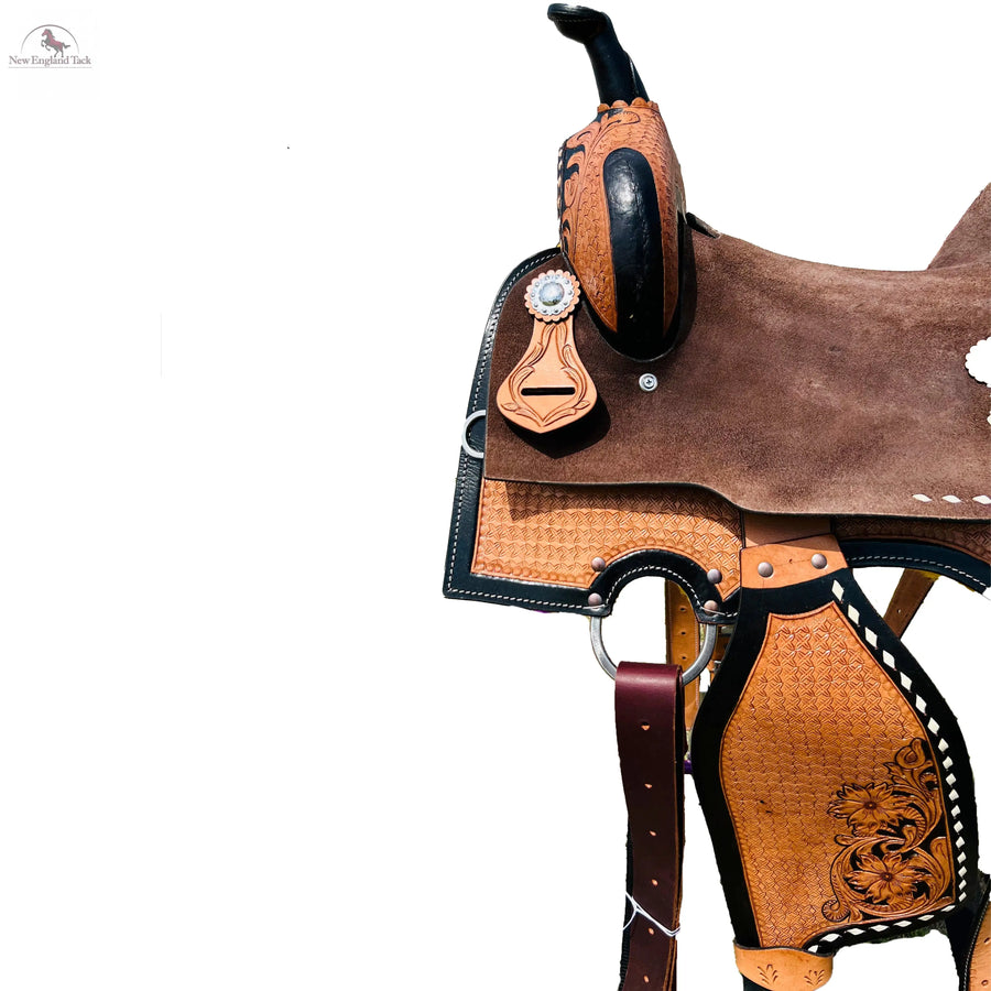 100% Roughout Leather Western Barrel Horse Saddle with Suede Seat, Floral & Basket weave Tooling NewEngland Tack
