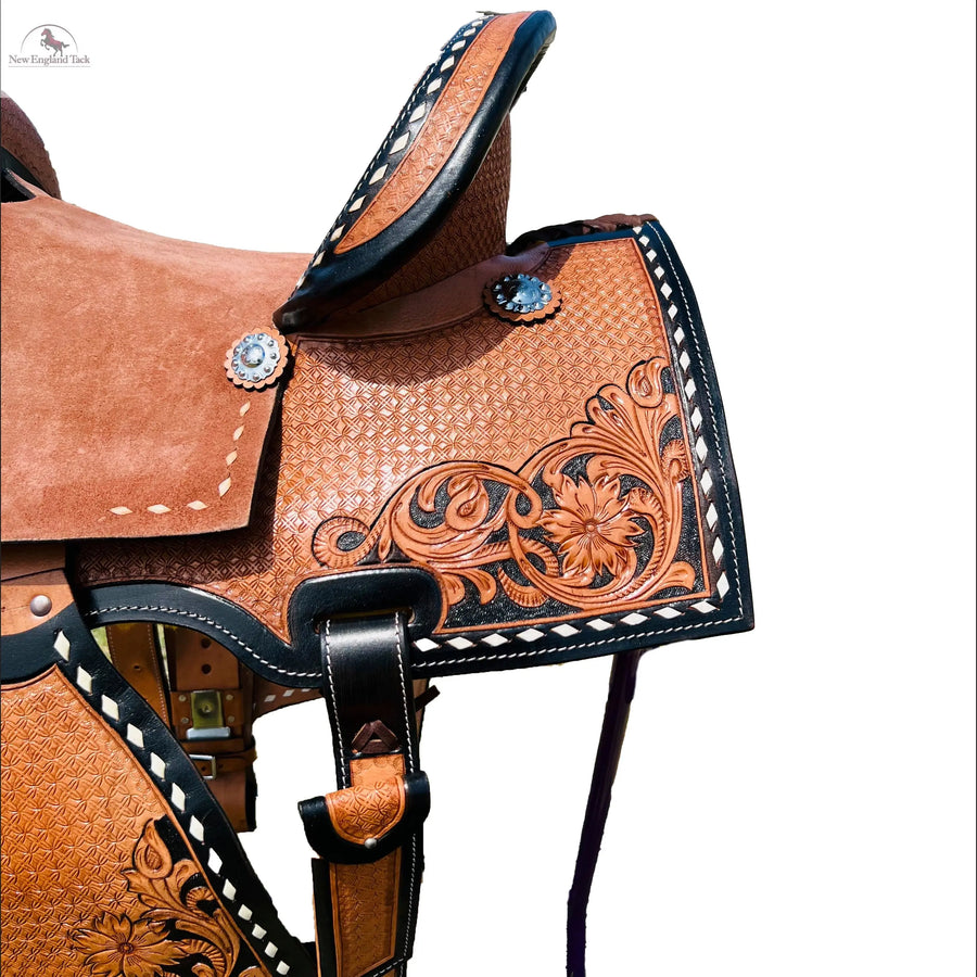 100% Roughout Leather Western Barrel Horse Saddle with Suede Seat, Floral & Basket weave Tooling NewEngland Tack