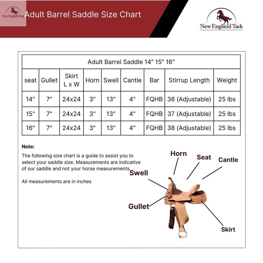 Adult Premium Leather Horse Barrel Saddle with Rough Out Fender and Leaf Tooling NewEngland Tack