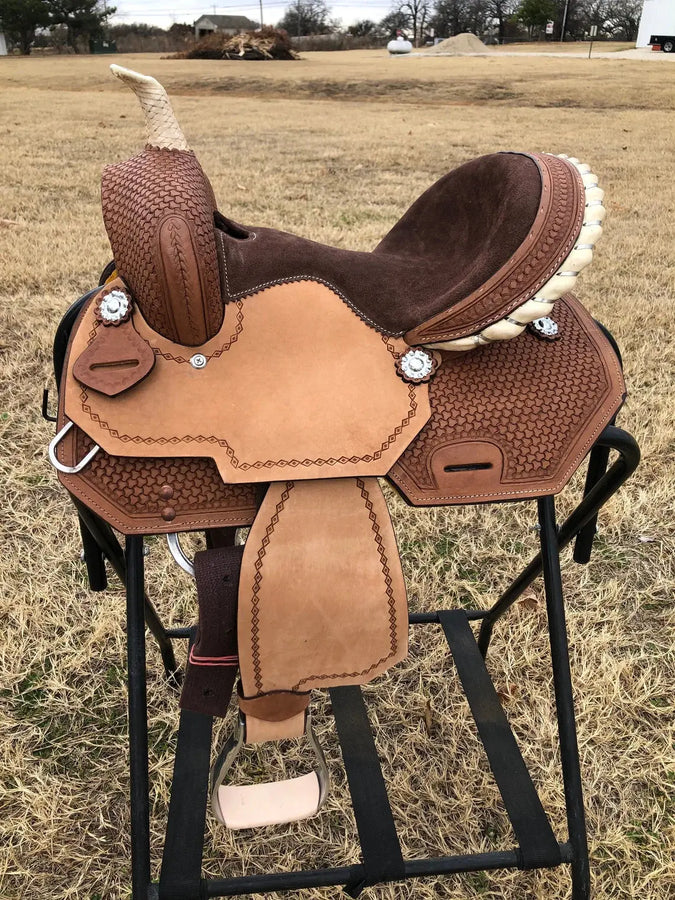 Kids Western Horse Barrel Saddle - 10"12"13" - Basket Weave with Rawhide Cantle - NewEngland Tack