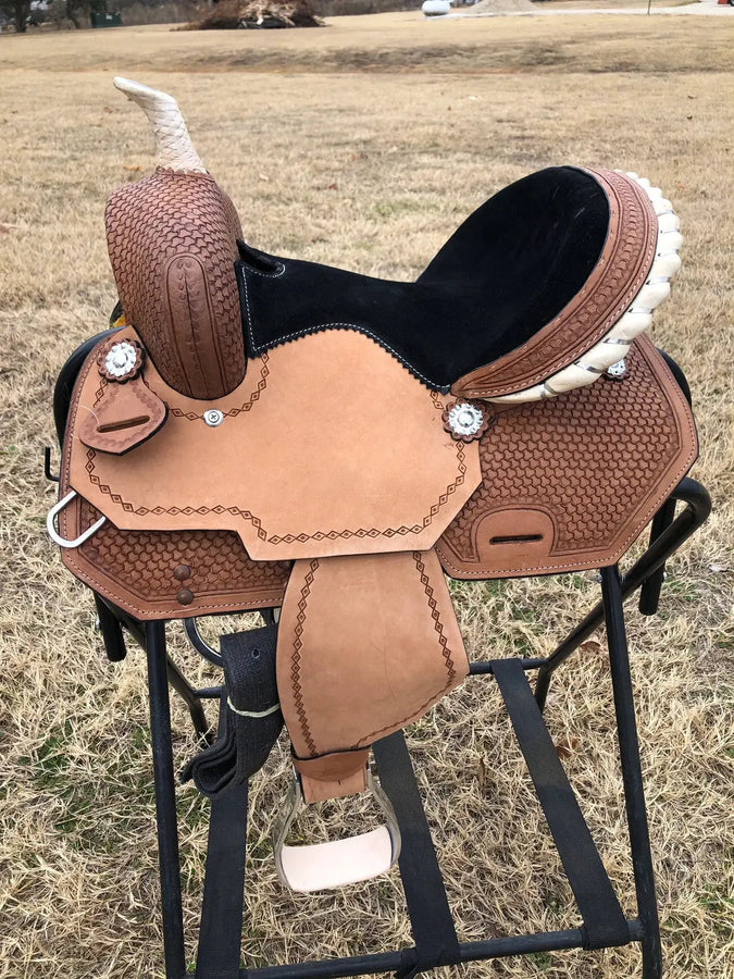 Kids Western Horse Barrel Saddle - 10"12"13" - Basket Weave with Rawhide Cantle - NewEngland Tack