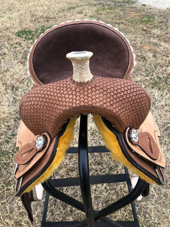 Kids Western Horse Barrel Saddle - 10"12"13" - Basket Weave with Rawhide Cantle - NewEngland Tack