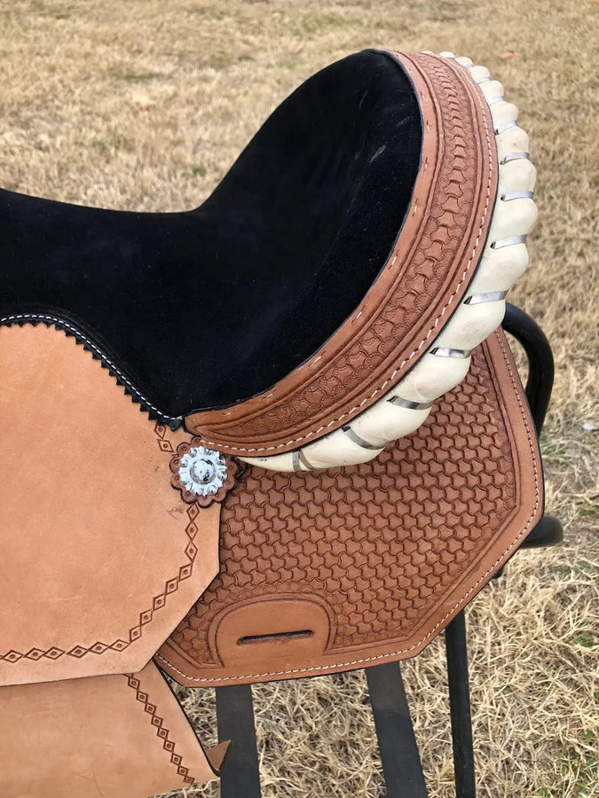 Kids Western Horse Barrel Saddle - 10"12"13" - Basket Weave with Rawhide Cantle - NewEngland Tack