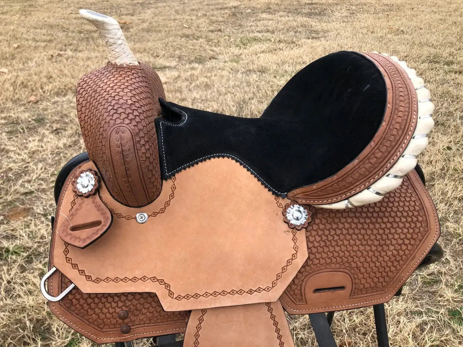 Kids Western Horse Barrel Saddle - 10"12"13" - Basket Weave with Rawhide Cantle - NewEngland Tack