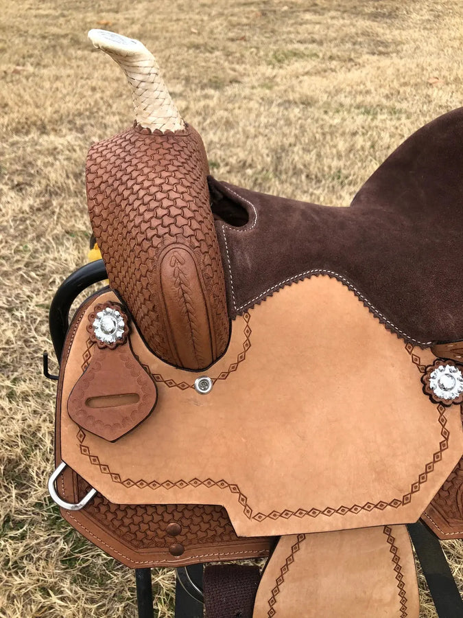 Kids Western Horse Barrel Saddle - 10"12"13" - Basket Weave with Rawhide Cantle - NewEngland Tack