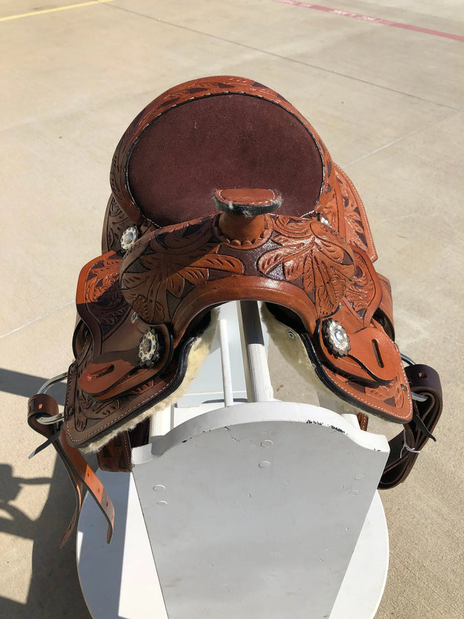 Kids Western Horse Barrel Saddle Horse Floral Tooled Leather 8 "-Pink/Purple/Turquoise/Brown - NewEngland Tack
