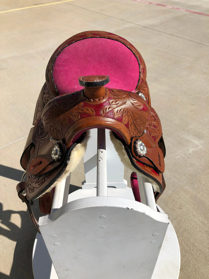 Kids Western Horse Barrel Saddle Horse Floral Tooled Leather 8 "-Pink/Purple/Turquoise/Brown - NewEngland Tack