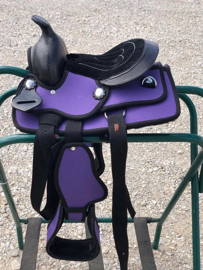 Kids Western New Generation Horse Synthetic Saddle - 8"- Blue/Black/Light Brown/Pink Color Saddle - NewEngland Tack