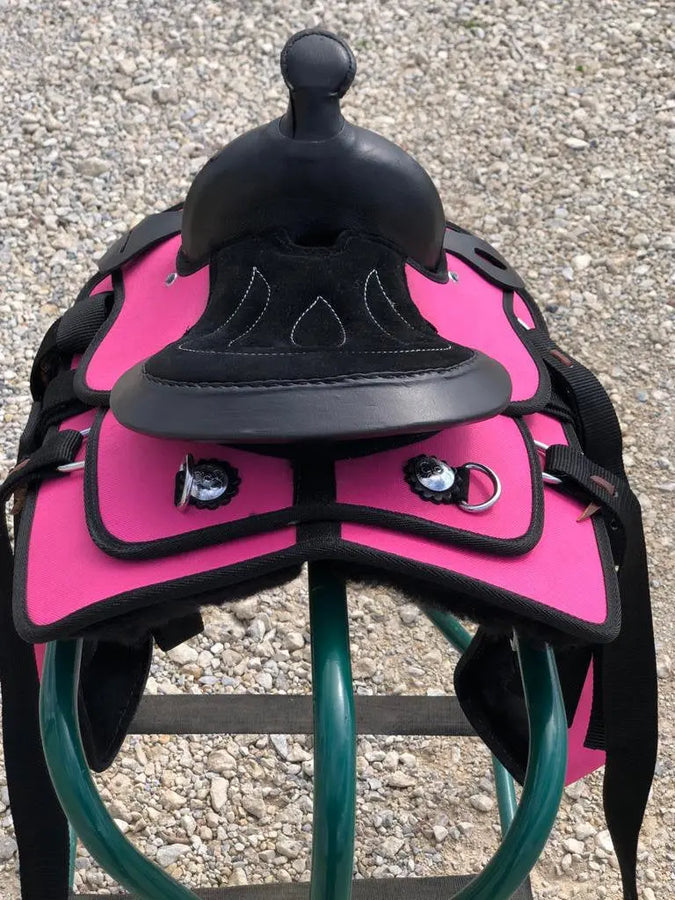 Kids Western New Generation Horse Synthetic Saddle - 8"- Blue/Black/Light Brown/Pink Color Saddle - NewEngland Tack