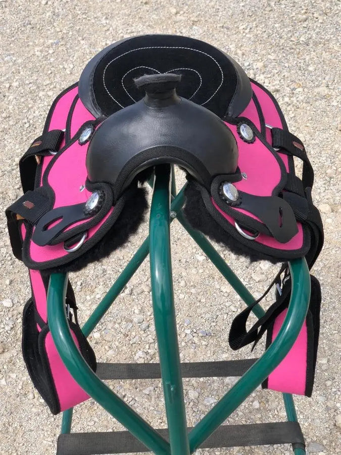 Kids Western New Generation Horse Synthetic Saddle - 8"- Blue/Black/Light Brown/Pink Color Saddle - NewEngland Tack