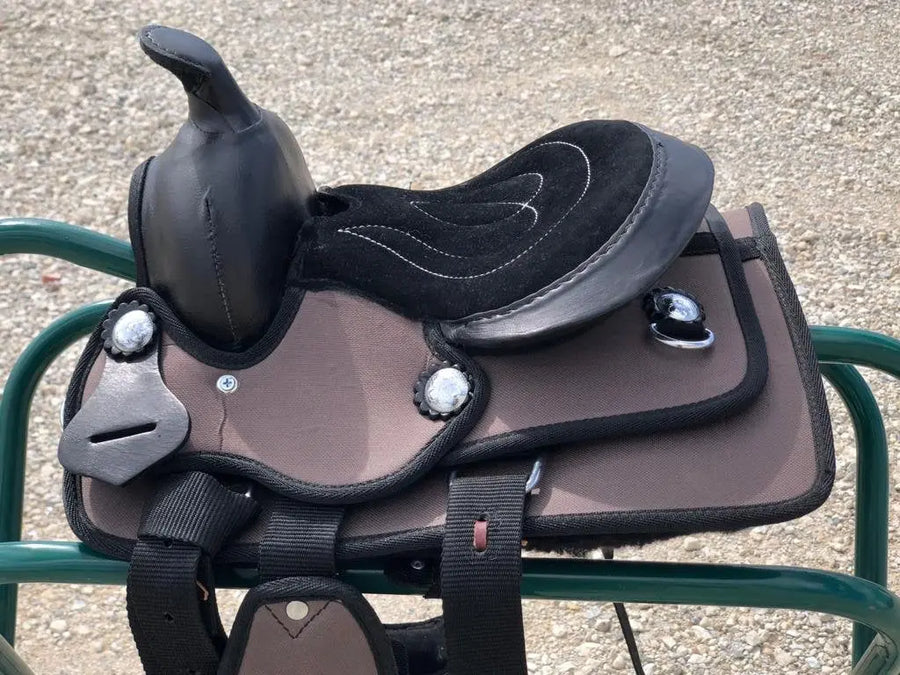Kids Western New Generation Horse Synthetic Saddle - 8"- Blue/Black/Light Brown/Pink Color Saddle - NewEngland Tack