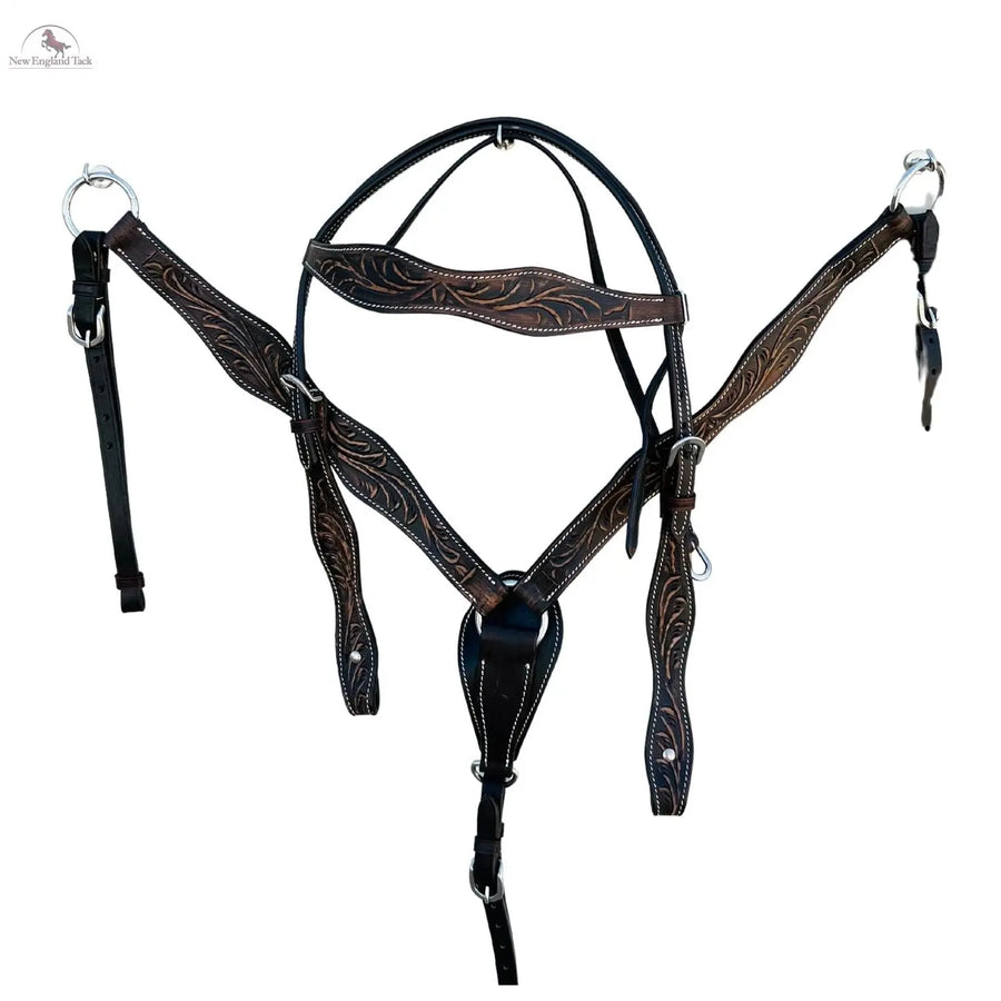 Premium Argentinian Leather Headstall and Breast Collar Floral Tooled NewEngland Tack