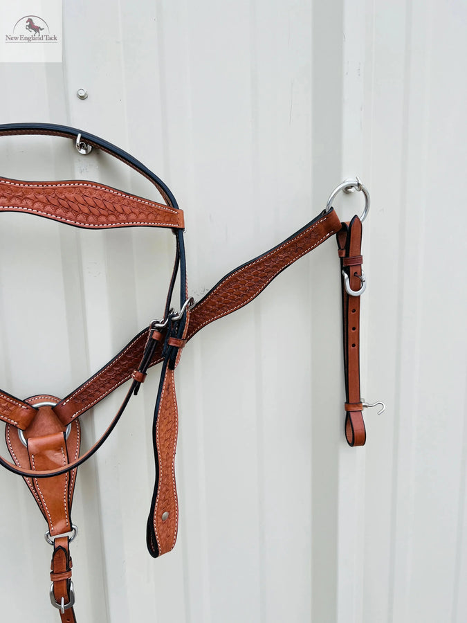 Premium Leather Headstall and Breast Collar Set with Basket wave Tooling NewEngland Tack