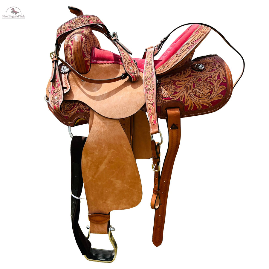 Resistance Adult Western Horse Barrel Saddle For Horse Riding | Floral Tooled With Silver Conchos | Genuine Leather 14" 15" 16" with Free Tack set NewEngland Tack
