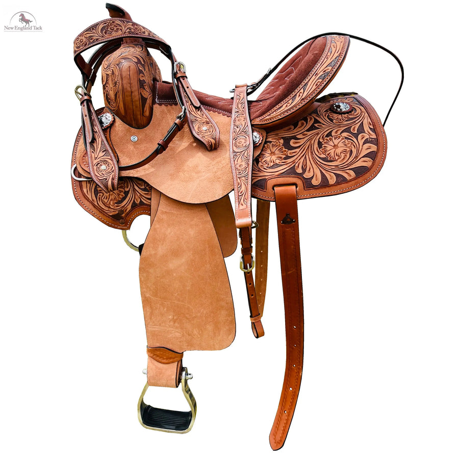 Resistance Adult Western Horse Barrel Saddle For Horse Riding | Floral Tooled With Silver Conchos | Genuine Leather 14" 15" 16" with Free Tack set NewEngland Tack