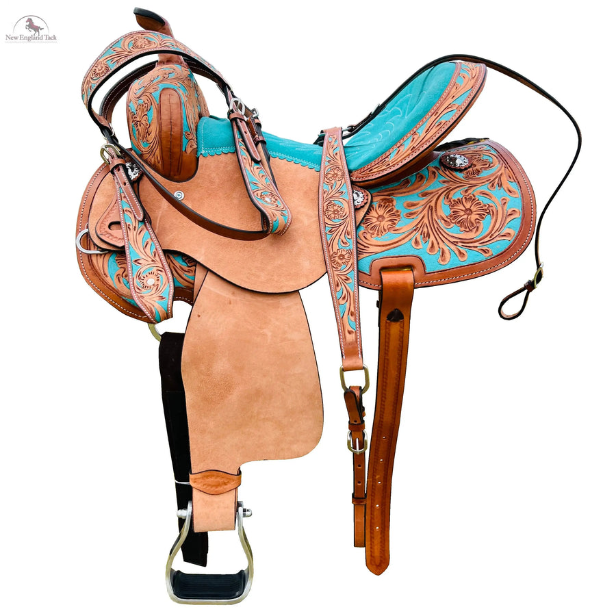 Resistance Adult Western Horse Barrel Saddle For Horse Riding | Floral Tooled With Silver Conchos | Genuine Leather 14" 15" 16" with Free Tack set NewEngland Tack