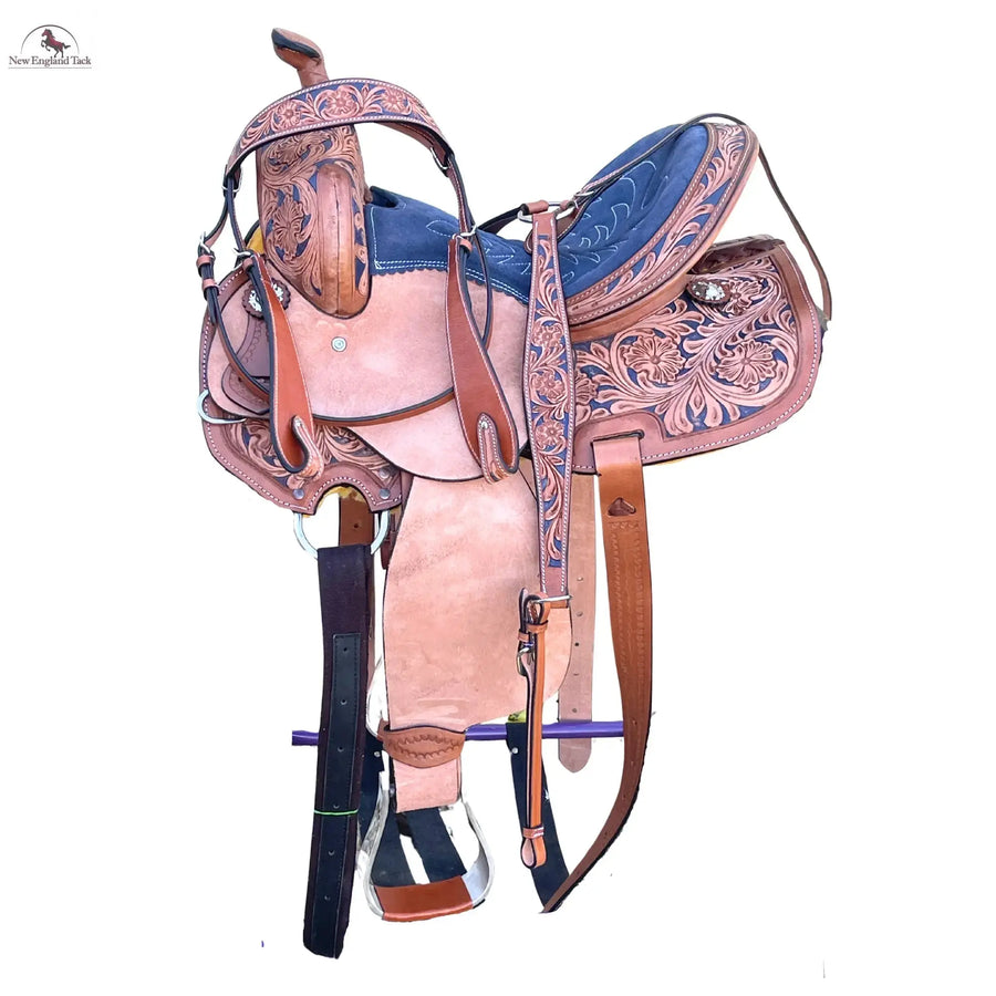Resistance Youth Western Horse Barrel Saddle For Horse Riding | Floral Tooled With Silver Conchos | Genuine Leather 10" 12" 13" with Free Tackset NewEngland Tack