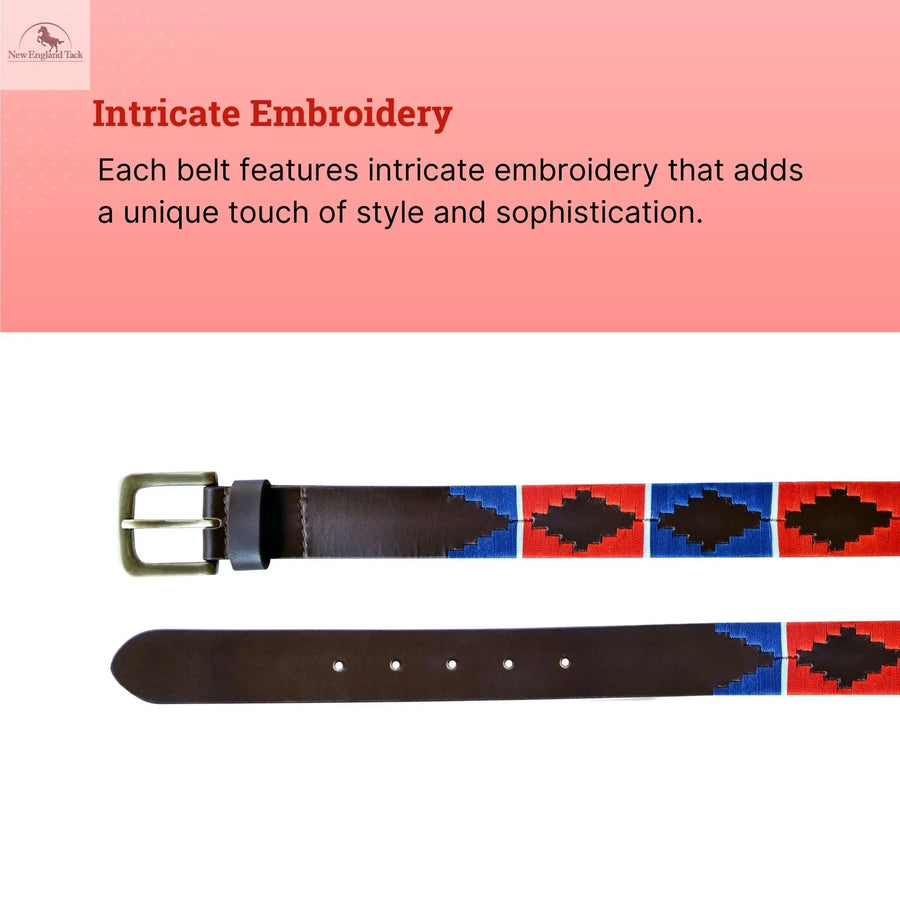 Resistance Polo Belt for Men | Hand Stitched Leather Belt With Colorful Embroidery | Gaucho Style Belt 1.5” Wide NewEngland Tack