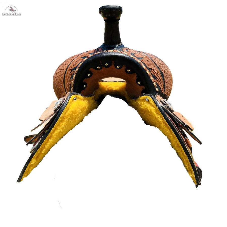 Resistance Rough Out Hard Seat Barrel Style Saddle With Floral Tooled Leather Square Skirt and Fenders - 14, 15, 16 Inch Newenglandtack