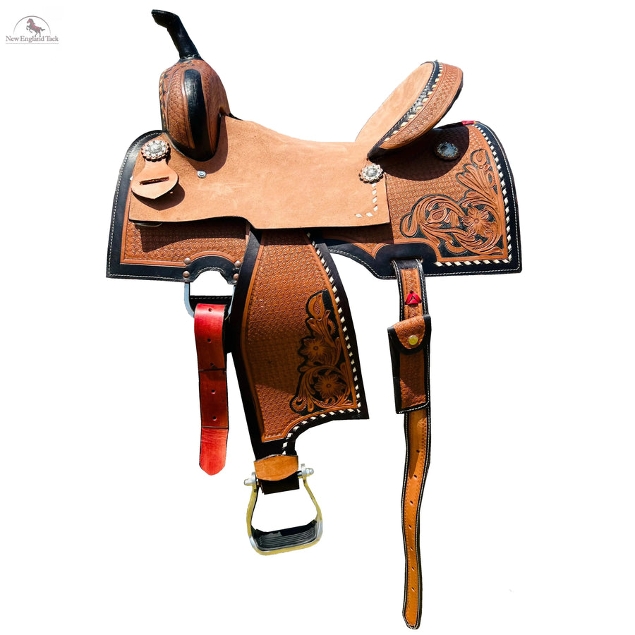 Resistance Rough Out Hard Seat Barrel Style Saddle With Floral Tooled Leather Square Skirt and Fenders - 14, 15, 16 Inch Newenglandtack