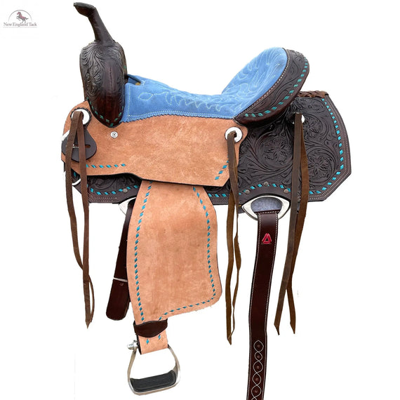 Resistance Western Barrel Racing Suede Seat Saddle With Floral Tooled Leather Skirt And Rough Out Fender - 14, 15, 16 Inch NewEngland Tack