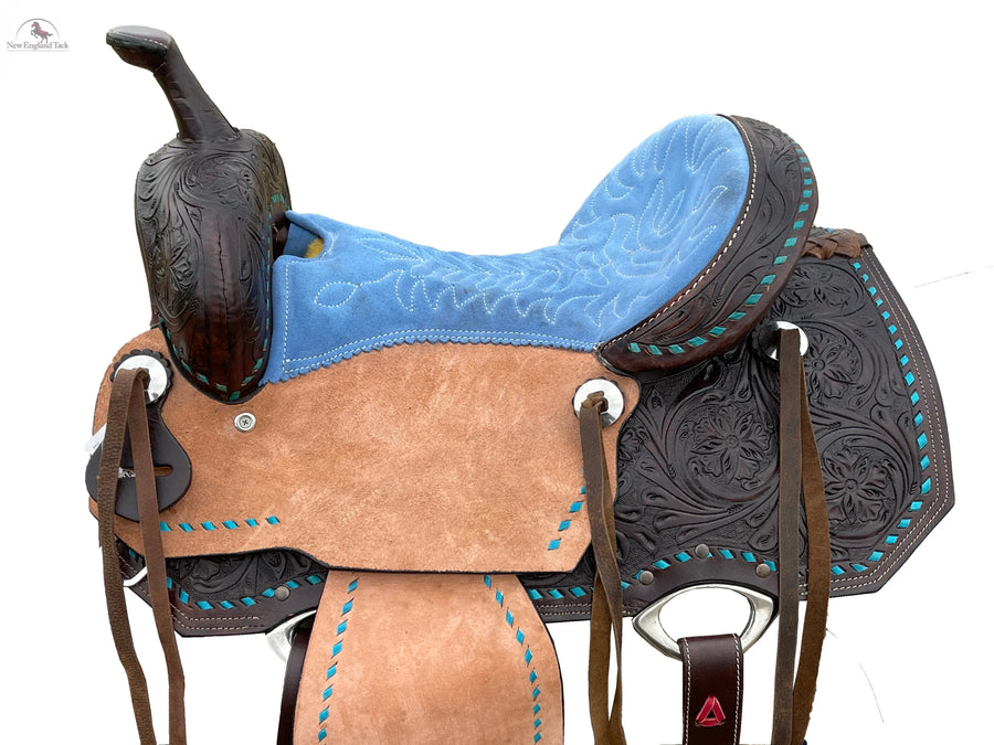 Resistance Western Barrel Racing Suede Seat Saddle With Floral Tooled Leather Skirt And Rough Out Fender - 14, 15, 16 Inch NewEngland Tack