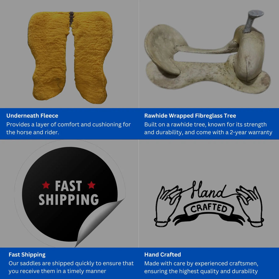 Rough Out Hard Seat Barrel Style Saddle With Floral Tooled Leather Square Skirt and Fenders - 14, 15, 16 Inch Newenglandtack