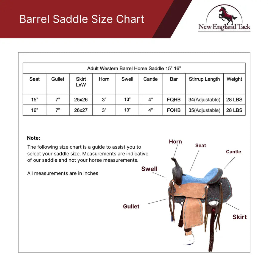 Western Barrel Racing Suede Seat Saddle With Floral Tooled Leather Skirt And Rough Out Fender - 14, 15, 16 Inch NewEngland Tack