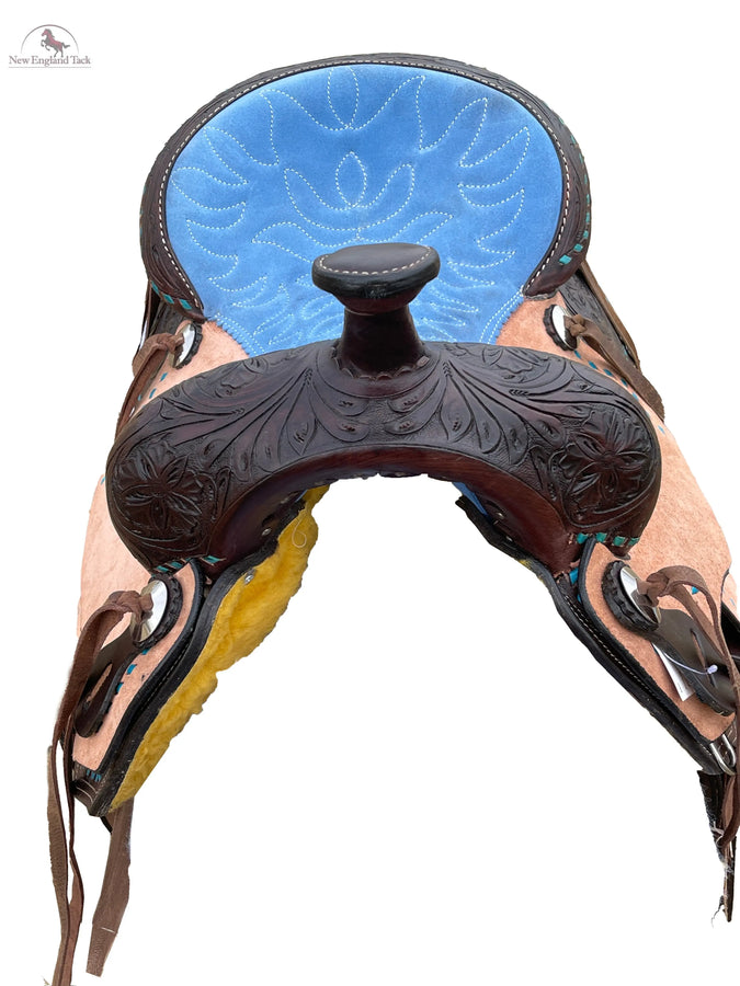 Western Barrel Racing Suede Seat Saddle With Floral Tooled Leather Skirt And Rough Out Fender - 14, 15, 16 Inch NewEngland Tack