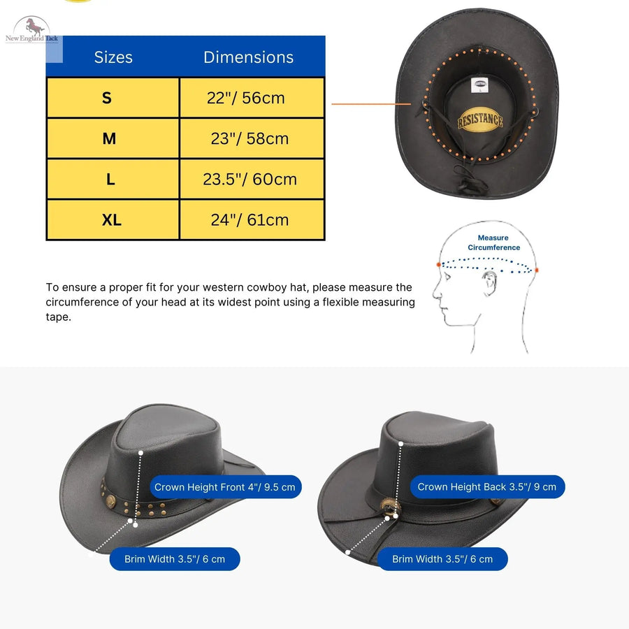 Western Cowboy Hat Grain Cow Leather with Buffalo Conchos Hat Band NewEnglandTack
