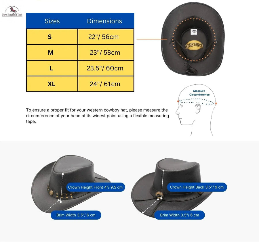 Western Cowboy Hat, Grain Cow Leather with Buffalo Conchos Hat Band - Multiple Colors (Black, Brown, Radish Brown, Tan) NewEnglandTack