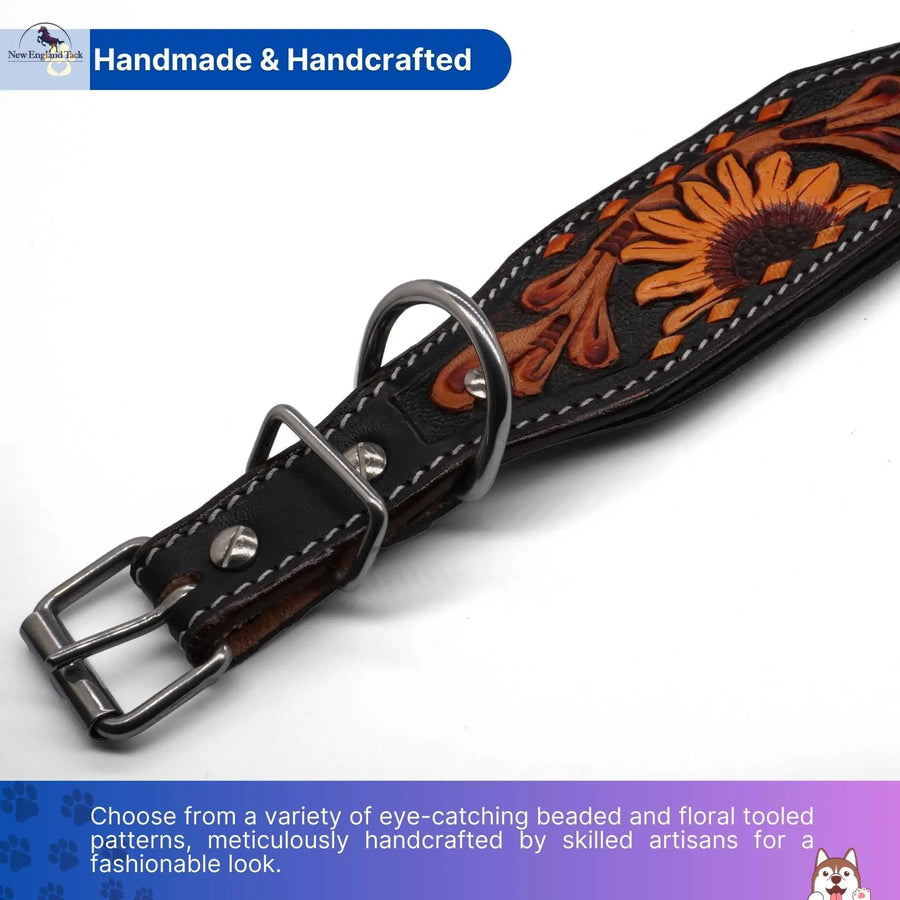 Handcrafted Argentinian Leather Dog Collar with Floral Tooling - Premium Quality NewEngland Tack