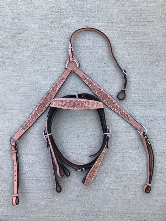 Western Leather Tooled Horse Saddle Tack Set Bridle + Breast Collar - NewEngland Tack