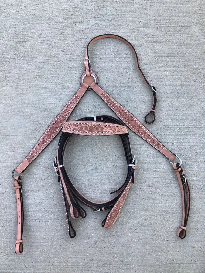 Western Leather Tooled Horse Saddle Tack Set Bridle + Breast Collar - NewEngland Tack