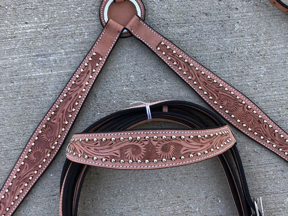 Western Leather Tooled Horse Saddle Tack Set Bridle + Breast Collar - NewEngland Tack