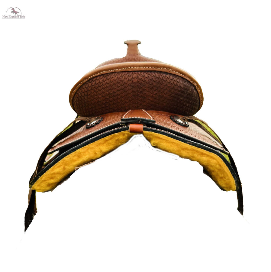 Western Youth Hard Seat Roping Style Saddle With basket weave tool, Leather Skirt and Roughout Seat and Fenders - 10, 12, 13 Inch NewEngland Tack