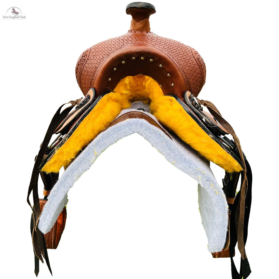 Western Youth Hard Seat Roping Style Saddle With basket weave tool, Leather Skirt and Roughout Seat and Fenders - 10, 12, 13 Inch NewEngland Tack