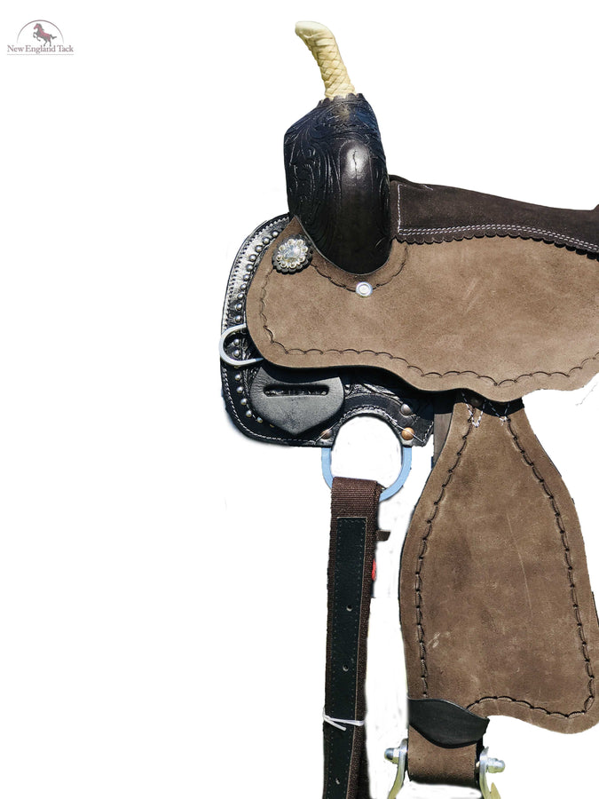 Youth/Pony Border Tooled Western Barrel Saddle With Floral Tooled Single Skirt NewEngland Tack
