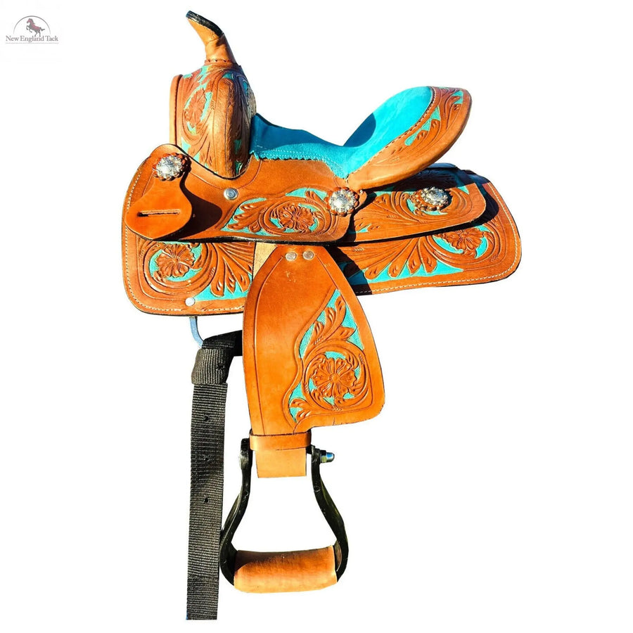 Youth Western Horse Barrel Saddle Horse Floral Tooled Leather 8 "-Pink/Purple/Turquoise/Brown NewEngland Tack