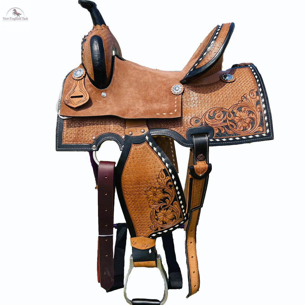 100% Roughout Leather Western Barrel Horse Saddle with Suede Seat, Floral & Basket weave Tooling NewEngland Tack