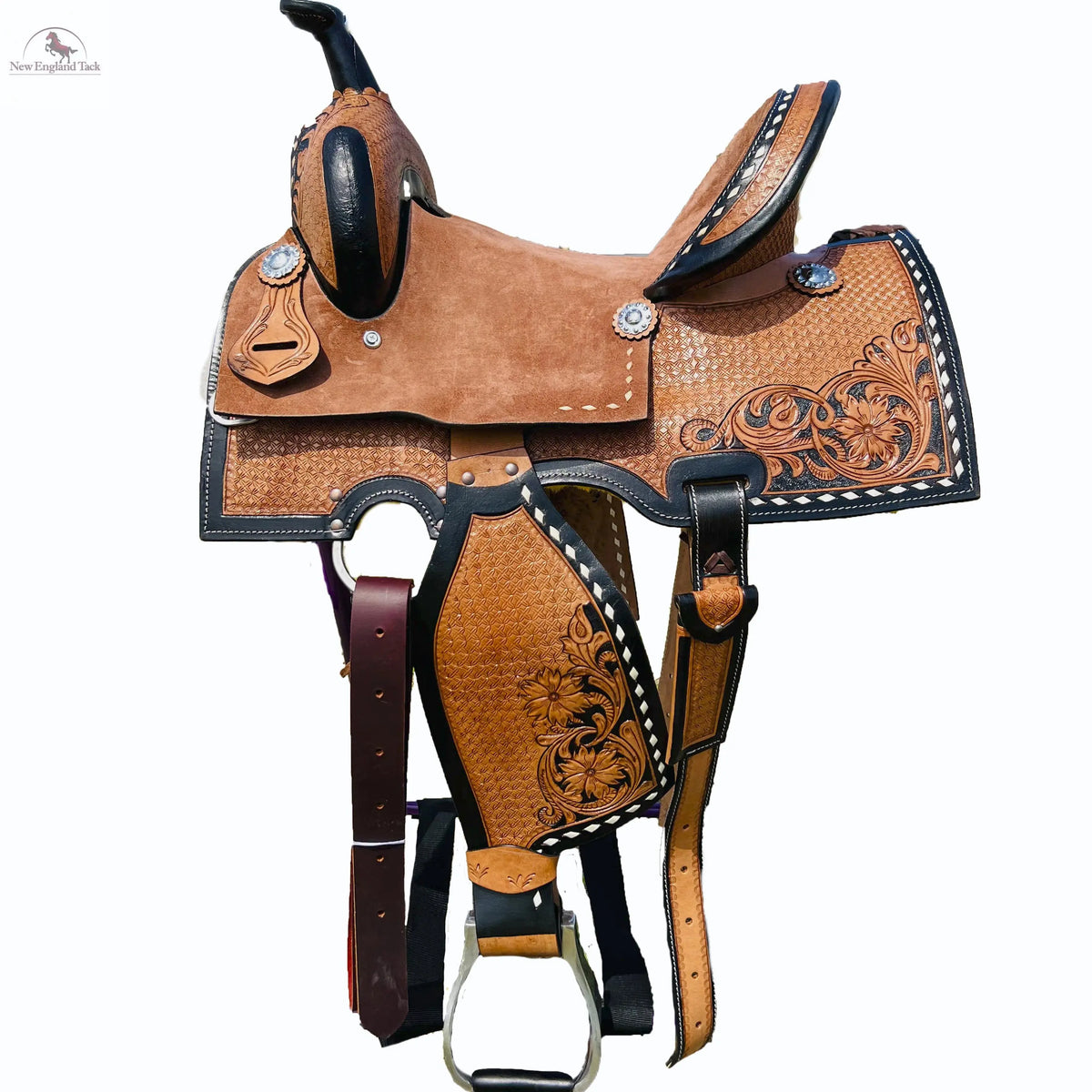 100% Roughout Leather Western Barrel Horse Saddle with Suede Seat, Floral & Basket weave Tooling NewEngland Tack