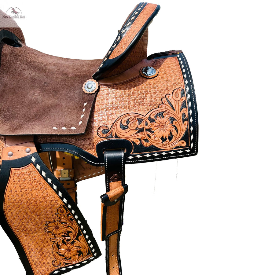 100% Roughout Leather Western Barrel Horse Saddle with Suede Seat, Floral & Basket weave Tooling NewEngland Tack