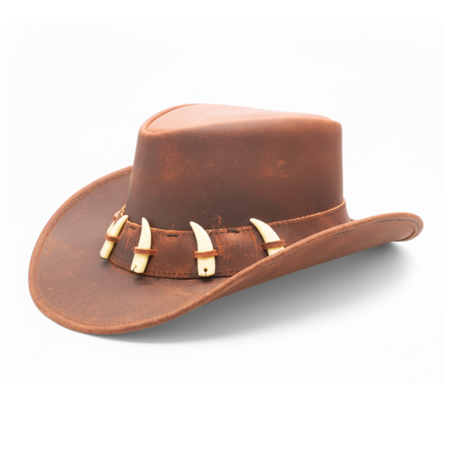 RESISTANCE Australian Leather Hat with Crocodile Band Teeth - Dundee Style | Outback Hat for Men and Women