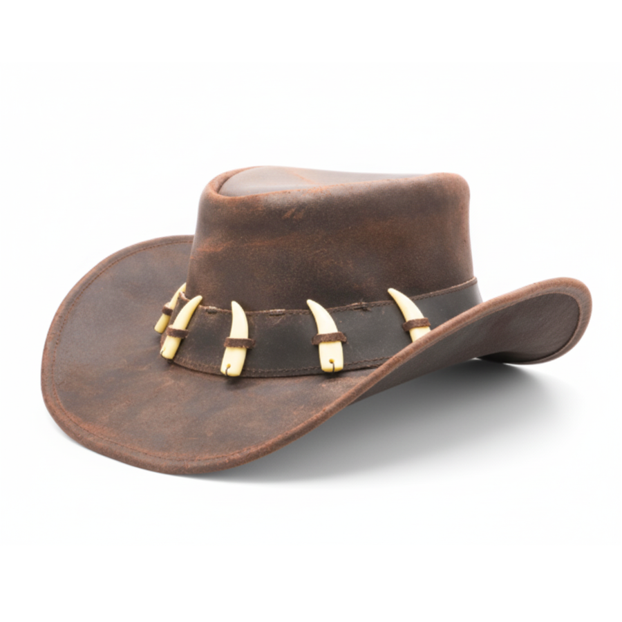 RESISTANCE Australian Leather Hat with Crocodile Band Teeth - Dundee Style | Outback Hat for Men and Women