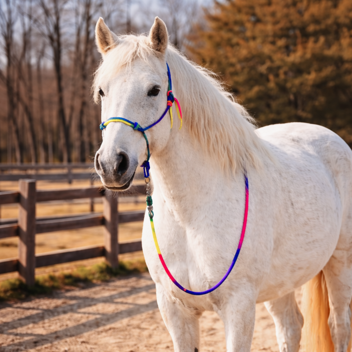 Resistance Multi Color Rope Halter with 9ft Lead Rope Full Size Rainbow Knotted Horse Halter