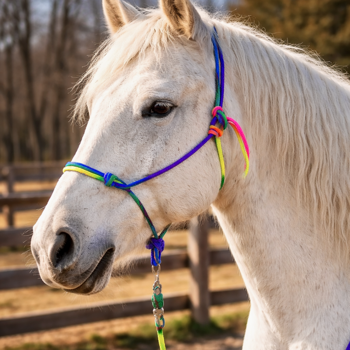 Resistance Multi Color Rope Halter with 9ft Lead Rope Full Size Rainbow Knotted Horse Halter