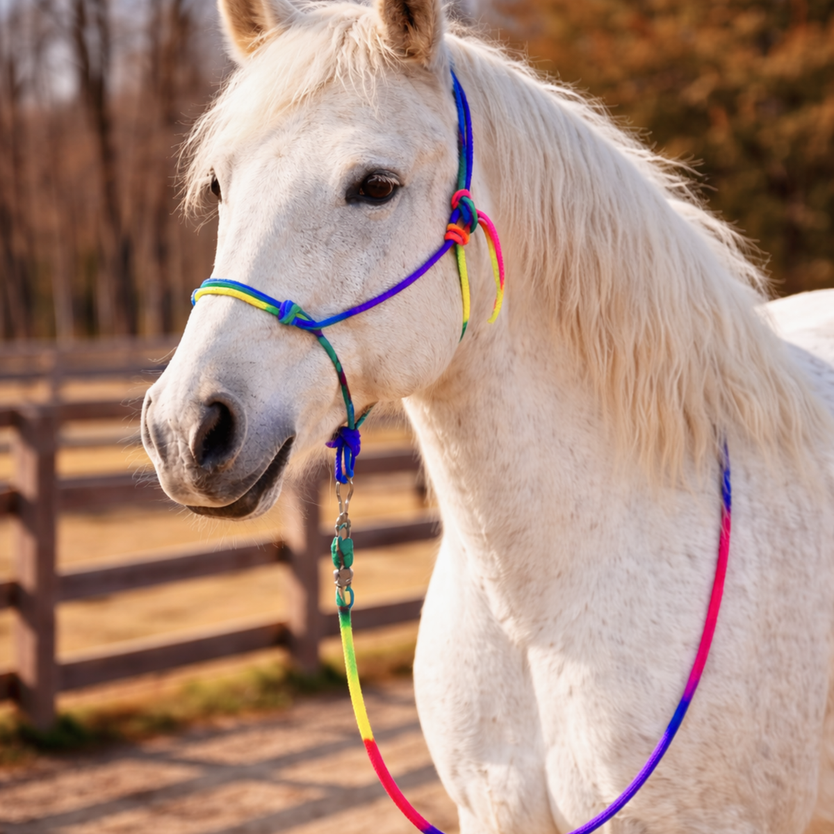 Resistance Multi Color Rope Halter with 9ft Lead Rope Full Size Rainbow Knotted Horse Halter