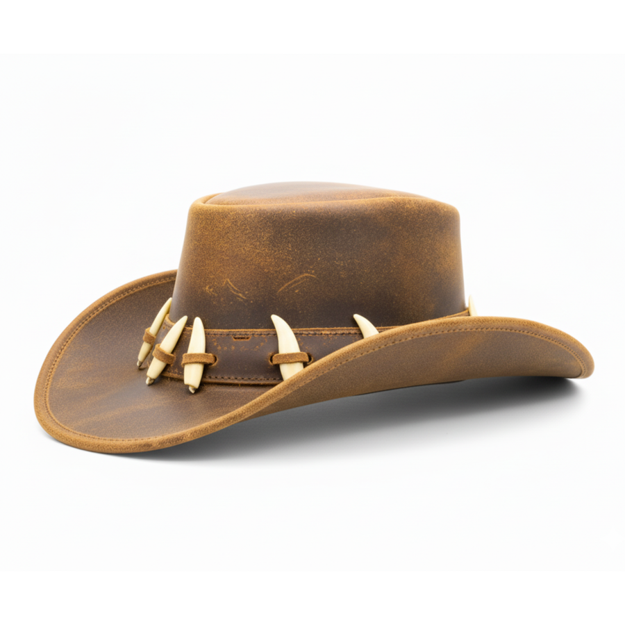 RESISTANCE Australian Leather Hat with Crocodile Band Teeth - Dundee Style | Outback Hat for Men and Women