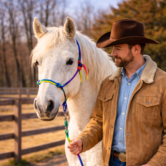 Resistance Multi Color Rope Halter with 9ft Lead Rope Full Size Rainbow Knotted Horse Halter